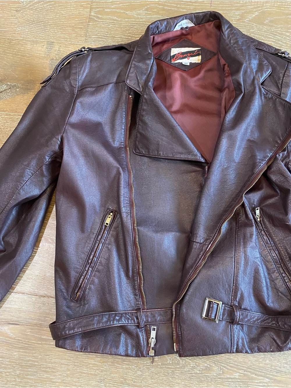 Banzai 80s Leather Motorcycle Belted Zip Up Jacket Maroon Brown Draped Waterfall - Picture 3 of 9